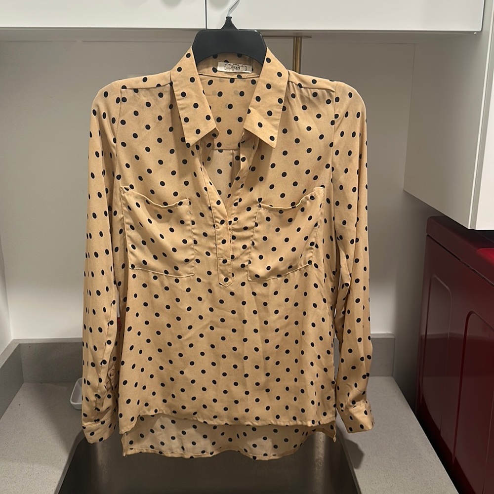 Tan with black polka dots placket chiffon blouse